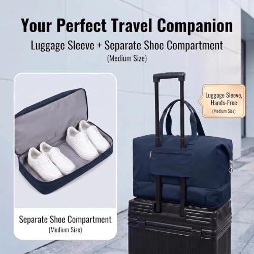 Oeihuivt Weekender Bags for Women - 20.5 Inch Large Travel Duffel Bag 2-Piece Set with Shoe Compartment, Heavy-Duty Canvas & Leather Carry On Overnight Tote (Airplane Approved) - color: Blue ethnic style-new