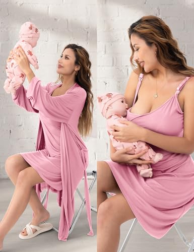 SUNNYBUY Nursing Nightgown & Maternity Robe Set for Postpartum Sleepwear - color: Pink, size: X-Large