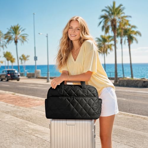 TOPEAST Duffel Bag for Women Travel, Expandable Quilted Weekender Overnight Duffle Bag with Adjustable Strap, Lightweight 33L Personal Item Bag Hospital Bags for Labor and Delivery, Black - color: Black