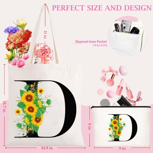 Andeiltech Initial Canvas Tote Bag Sunflower Letter Personalized Makeup Bag Monogrammed Gift for Bridesmaids Birthday Wedding - color: Sunflower Letter_d