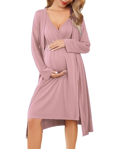 Ekouaer Maternity Nursing Gown and Robe Set Labor Delivery Nightgowns - color: Mauve, size: Large