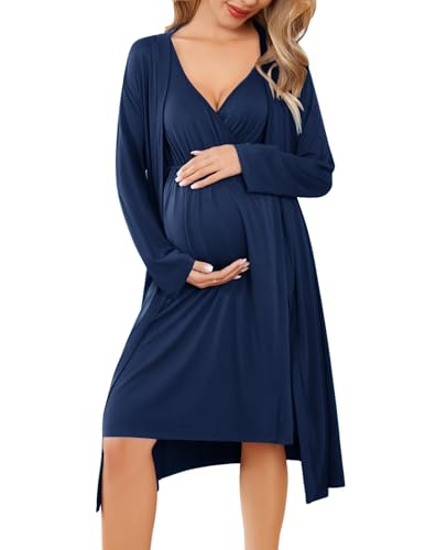 Ekouaer Maternity Nursing Gown and Robe Set Labor Delivery Nightgowns - color: Navy Blue, size: X-Large