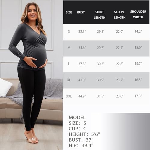 Maternity Shirt Long Sleeve Top Wrap V Neck Blouse Cross Over Nursing Tshirt - color: Dark Grey, size: Medium