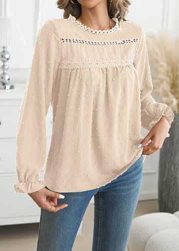 Falechay Boho Tops for Women Ruffle Long Sleeve Crewneck Swiss Dot Shirts - color: Apricot, size: Large