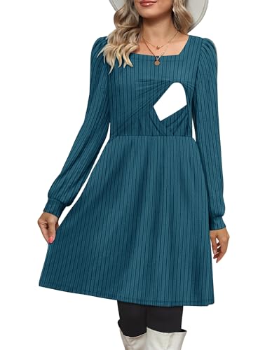 CzzzyL Womens Nursing Fall Dresses Square Neck Knit Sweater with Pockets - color: Purplishblue, size: Large