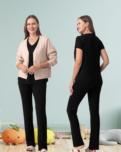 Rnxrbb 3 PCS Women Nursing Pajamas Set Postpartum Maternity Pj with Pockets - color: Black, size: Medium