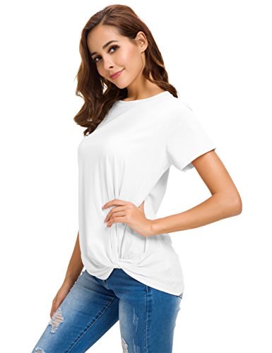 LUSMAY Womens Short Sleeve Loose Twist Knot Front T Shirts Cotton Casual Blouse - color: White, size: Medium