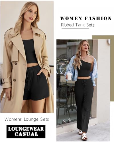 Ekouaer 4 Piece Sets for Women Casual Lounge Sets Summer Vacation Outfits - color: Black, size: Medium