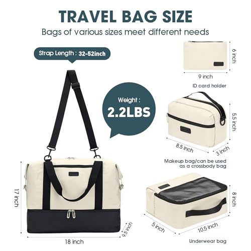 Oeihuivt Weekender Bags for Women with 3 Extra Pack - 21 Inch Large Travel Duffel Bag Set with Shoe Compartment, Heavy-Duty nylon Carry On Overnight Tote Black+Beige - color: BlackBeige+3 Extra Packs