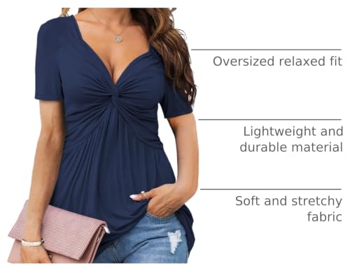 Tankaneo Womens Front Knotted V-Neck Blouse T Shirt Short Sleeve Oversized Tunic Tops Summer Solid Pullover Tees - color: B14-navy Blue, size: Large