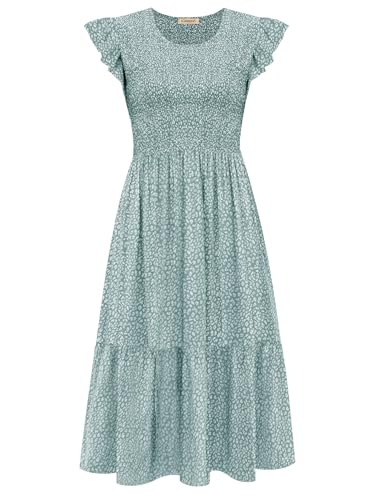 CzzzyL Women's Nursing Dress Flutter Sleeve Crew Neck Smocked Midi Pockets - color: Leopardcyan, size: Medium