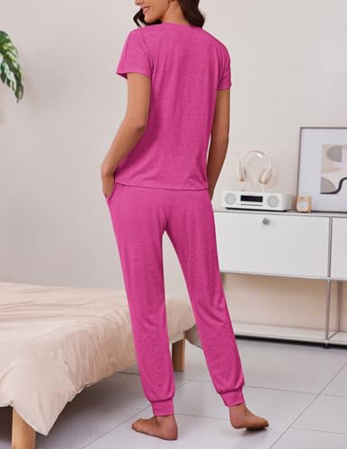 Ekouaer 2 Pack Womens Pajama Short Sleeve Jogger Pants Pjs Lounge Set - color: Black and Hot Pink, size: Large