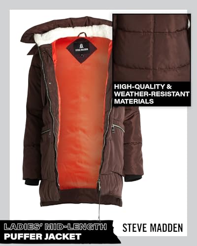 Steve Madden Womens Winter Jacket, Midlength Puffer Parka Coat, Sherpa Hood - color: Brown, size: X-Large