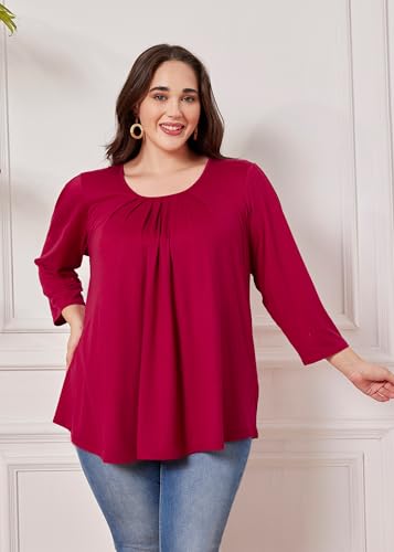 Plus Size Tunic Tops for Women 3/4 Sleeve Tunics Loose Fit Shirt Crew Neck Pleated Solid Casual Dressy Blouses - color: C-red, size: X-Large