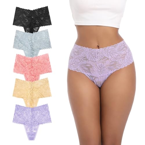 High Waisted Leaf Thick Waistband Lace Cotton Soft Thong Plus Size - color: 5 Pieces Brilliant, size: Small