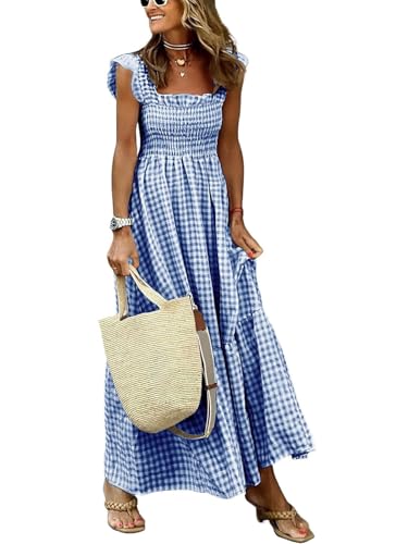 Women's Sleeveless Strap Retro Plaid A-Line Smocked Maxi Long Dress with Ruffled Hem - color: Dark Blue, size: X-Small