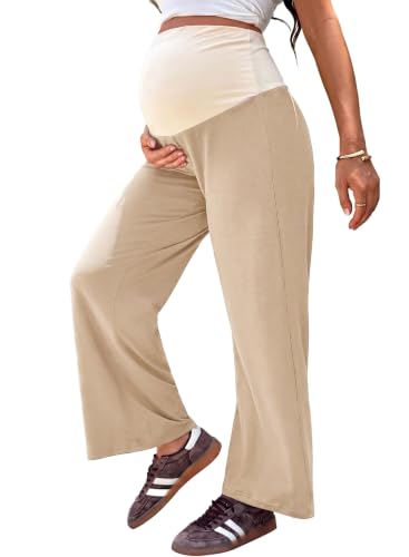 BLENCOT Women's Maternity Pants Wide Leg Over The Belly Pregnancy Pants - color: Beige, size: Medium