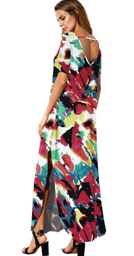 GRECERELLE Women's Summer Maxi Dress Casual Loose V Neck Short Sleeve Side Split Long Dresses with Functional Pockets - color: White Ink Red, size: Medium