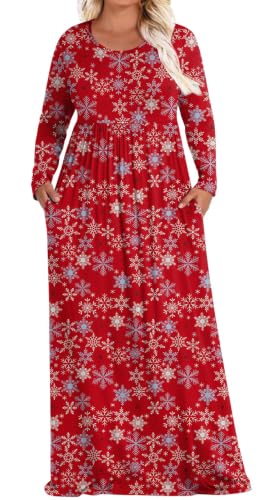 POPYOUNG Womens Plus Size Maxi Dresses Curvy Long Sleeve Fall Dress Outfits - color: Christmas Snow Red, size: 3X-Large