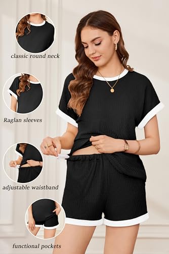 Ekouaer Maternity Pajamas 2 Piece Outfits Waffle Knit Pregnancy Sleepwear - color: Black, size: Medium