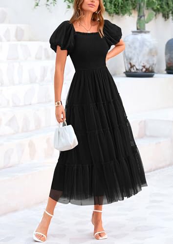 PRETTYGARDEN Women's Summer Smocked Midi Tulle Dress - color: Black, size: X-Large