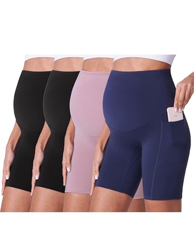POSHDIVAH 3/4 Pack Maternity Biker Shorts Over The Belly with Pockets 5"/8" - color: Black/Black/Pink/Navy Blue 8", size: Large