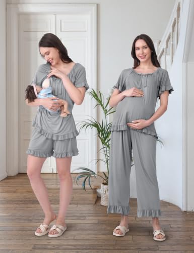 SUNNYBUY 3 PCS Ruffle Nursing Pajamas Set with Bow, Maternity Sleepwear - color: Gray, size: Medium