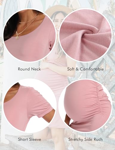 Peauty Side Ruched Maternity Bodycon Dress Short Sleeve Style Baby Shower - color: A. Dusty Pink, size: Medium