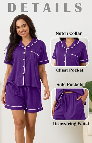 Vopmocld Women Pajama Shorts Sets Cozy 2pcs Button Down Sleepwear Solid PJS - color: Bright Purple, size: Large