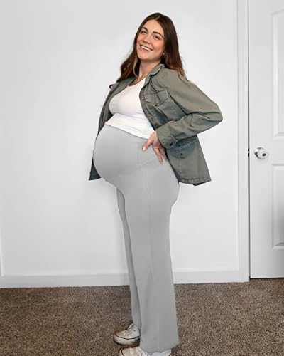 G4Free BareFeel Maternity Yoga Pants Pregnancy Slacks Over the Belly - color: Light Gray, size: X-Large