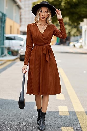 Newshows Women's Sweater Pockets Belted Fall Teacher Business Casual Dress - color: Caramel, size: Medium