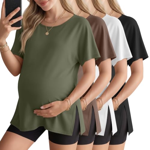 4 Pack Women Maternity T-Shirts Pregnancy Tops - color: Army Green, Brown, White, Black, size: Large
