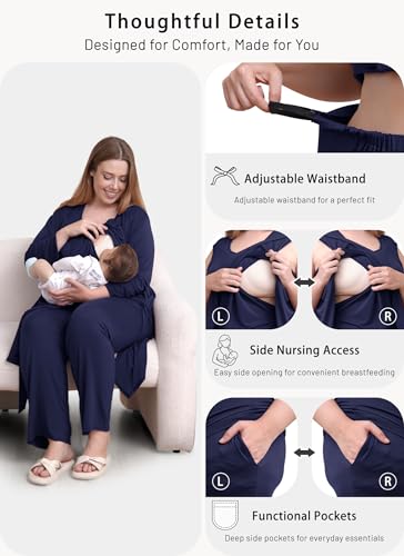 Rnxrbb 4 PCS All-Season Nursing Pajamas Robe Set Maternity Postpartum Pjs - color: Navy, size: Large