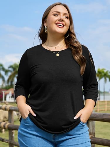 ZDC Womens Plus Size Shirts 3/4 Sleeve Tops Casual Crew Neck Blouse - color: Black, size: XX-Large
