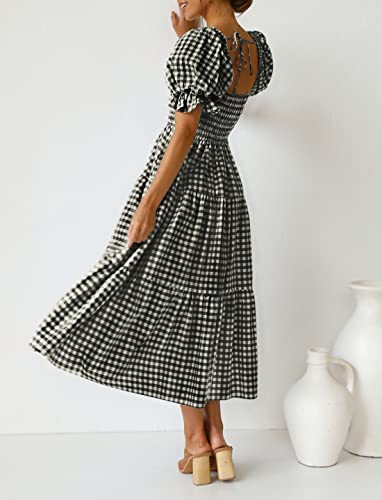 ZESICA Women's Summer Boho Gingham Puff Sleeve Square Neck Beach Midi Dress - color: Black, size: X-Small