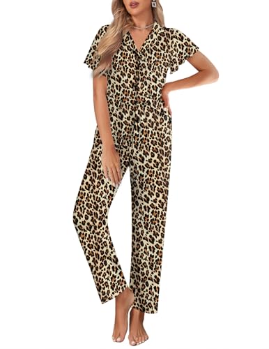Ekouaer Pajamas for Women Set Ruffle Sleeve Button Up with Long Pants - color: Brown Leopard, size: XX-Large