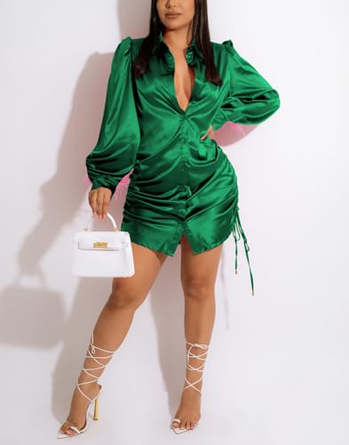 Women's Sexy Button Down Shirts Loose Collar Long Sleeve Ruched Silk Cloth Night Out Club Mini Wrap Dress Drawstring - color: Green, size: Medium