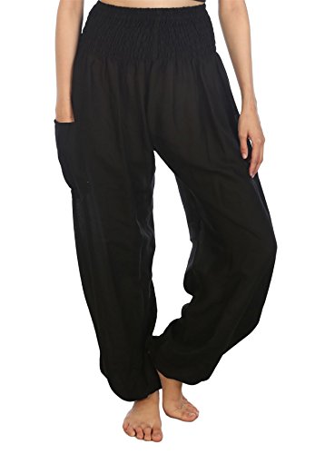 LOFBAZ Harem Yoga Pants for Women S-4XL Hippie Boho PJs Lounge Beach Print Plus - color: Solid 1 Black, size: Large