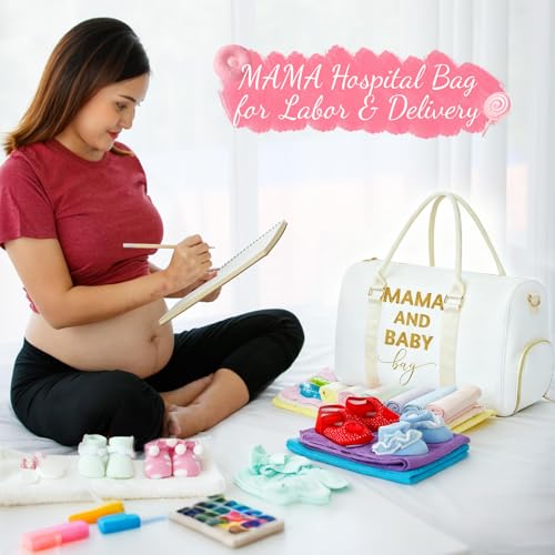 MAMA Hospital Bag for Women Labor and Delivery 45L Large Waterproof Travel Bag Overnight Bag with Shoe Compartment - color: White-gold( Baby)