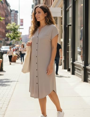 PATPAT Maternity Nursing Dress, Womens Button-Down Midi Dress with Pockets - color: Beige, size: Medium