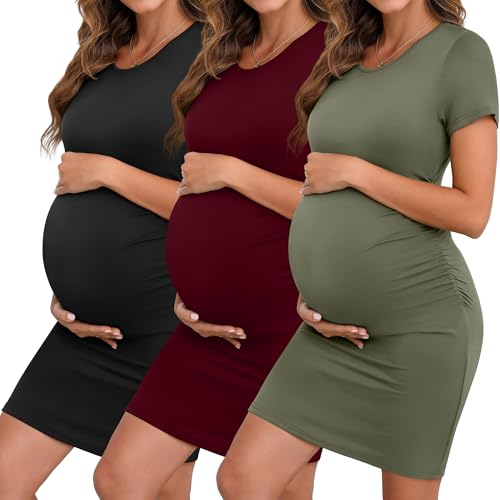 Riyiper 3 Pack Womens Maternity Short Sleeve Dresses - color: Black, Army Green, Burgundy, size: Small