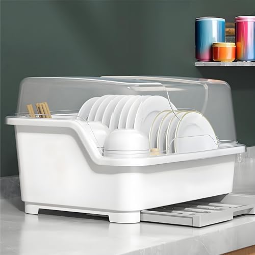 Plastic Dish Drying Rack with Clear Cover Lid, Dust-Proof