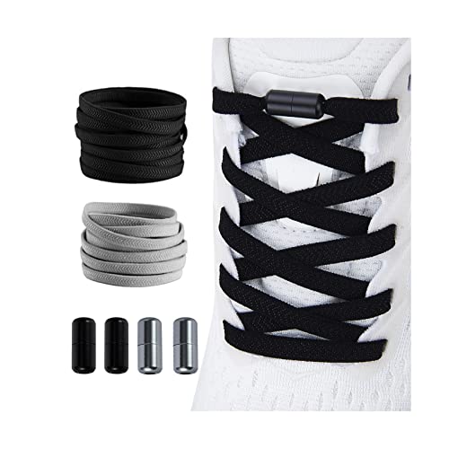 2 Pair Elastic No Tie Flat Shoe Laces for Kids and Adults - Elastic No Tie Shoelaces System - color: Black+grey