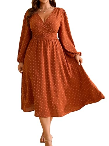 RWJ Women's Plus Size Fall Wedding Guest Dress V Neck Swiss Dot Long Sleeve - color: Burnt Orange, size: X-Large Plus