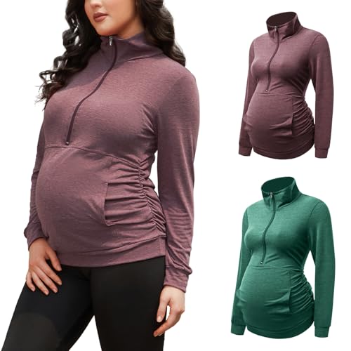 GINKANA Maternity Women's Long Sleeve Shirt Half Zipper Lapel Lightweight Casual Maternity Pullover with Pockets - color: Burgundy+green, size: Medium