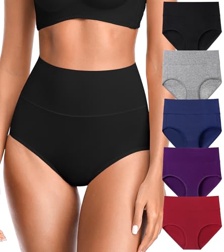 OLIKEME Womens High Waisted Underwear Tummy Control Cotton Full Coverage Ladies Panties Soft Stretch Briefs - color: Multicolor-5 Pack, size: 4X-Large