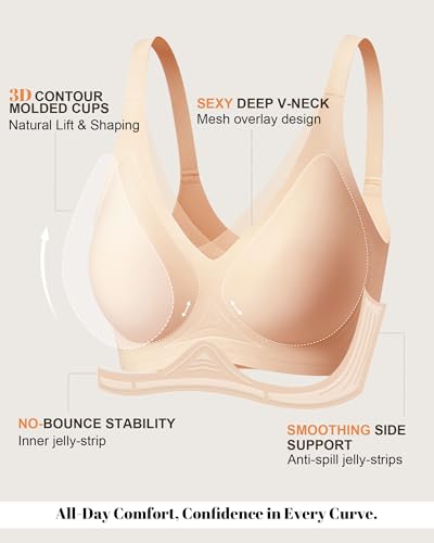 As Fairy Wireless Bras for Women Deep V Jelly Mesh Push Up Bra - color: Champagne Nude, size: 32B