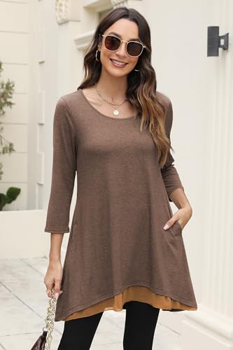 Poetsky Womens 3/4 Sleeve Tunic Tops for Leggings Long Shirts with Pockets - color: Coffee, size: Large