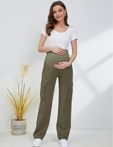 GLAMIX Women's Maternity Cargo Pants with Four Pockets Over The Belly Scrub Pants Pregnancy Clothes - color: Olive, size: X-Large