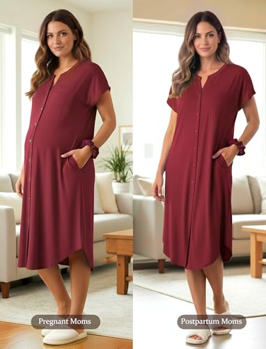 PATPAT Maternity Nursing Dress, Womens Button-Down Midi Dress with Pockets - color: Burgundy, size: Small